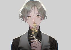 Rule 34 | 1boy, backlighting, black shirt, closed mouth, collared shirt, commentary request, eyelashes, flower, formal, freckles, grey background, grey hair, grey necktie, grey vest, hair strand, herb bundle, highres, holding, holding flower, looking at viewer, male focus, necktie, original, portrait, ribbon, shirt, simple background, smile, solo, suit, tsuyu (gunjooo9), vest, yellow eyes