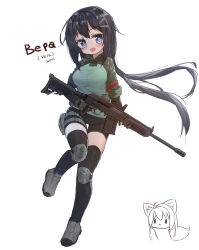 Rule 34 | 1girl, absurdres, animal ears, bike shorts, black hair, black shorts, black thighhighs, blue eyes, blue shirt, blush, borrowed character, breasts, brown gloves, chibi, chibi inset, commentary, copyright request, fang, gloves, green jacket, grey footwear, gun, hair between eyes, hair ornament, hairclip, head tilt, highres, holding, holding gun, holding weapon, jacket, knee pads, korean text, long hair, medium breasts, military, military jacket, open mouth, russian text, saiga-12, shirt, shoes, shorts, shotgun, sidelocks, simple background, solo focus, standing, standing on one leg, tail, tandohark, thighhighs, translation request, trigger discipline, very long hair, weapon, weapon request, white background, wolf ears, wolf girl, wolf tail