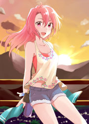 Rule 34 | 10s, 1girl, bottle, fence, hair down, idolmaster, idolmaster million live!, looking at viewer, maihama ayumu, mountain, multicolored hair, outdoors, pink eyes, pink hair, shorts, standing, strapless, sunset, tc829 (teco15), tube top, water bottle