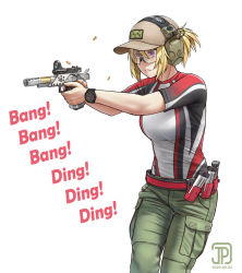Rule 34 | 1girl, baseball cap, blonde hair, commentary, dated, ear protection, english commentary, english text, finger on trigger, firing, goggles, gun, handgun, hat, holding, holding gun, holding weapon, jpc, original, pistol, ponytail, purple eyes, safety glasses, simple background, solo, watch, weapon, white background, wristwatch