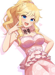 Rule 34 | 1girl, bare shoulders, blonde hair, blue eyes, breasts, cleavage, dress, earrings, frilled dress, frills, hair ornament, high ponytail, idolmaster, idolmaster cinderella girls, idolmaster cinderella girls starlight stage, jewelry, long hair, medium breasts, ohtsuki yui, open mouth, pink dress, sakura ran, simple background, smile, solo, v