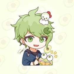 Rule 34 | 1boy, :d, :o, amami rantaro, animal, book, cropped torso, danganronpa (series), danganronpa v3: killing harmony, ear piercing, earrings, frog, ghost, green eyes, green hair, hair ornament, jewelry, male focus, messy hair, necklace, notice lines, open book, open mouth, piercing, reading, ring, shirt, short hair, signature, simple background, smile, solo, starko, striped clothes, striped shirt, v