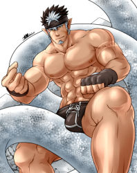 Rule 34 | 1boy, abs, alternate skin color, bara, boxer briefs, brown hair, brown male underwear, bulge, facial hair, feet out of frame, fingerless gloves, gloves, goatee, headband, large pectorals, long sideburns, male focus, male underwear, multicolored hair, muscular, muscular male, navel, nipples, pectorals, pointy ears, short hair, sideburns, smile, snake, solo, spiked hair, sunfight0201, tangaroa (housamo), thick thighs, thighs, tokyo houkago summoners, two-tone hair, underwear, underwear only, white hair, white snake, yellow eyes