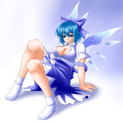 Rule 34 | 1girl, aged up, blue eyes, blue hair, bow, breasts, cirno, cleavage, embodiment of scarlet devil, female focus, full body, gradient background, hair bow, large breasts, matching hair/eyes, sebas chan, short hair, socks, solo, touhou, white background, wings