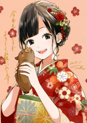 Rule 34 | 1girl, :d, absurdres, animal, black eyes, black hair, blush, boar, braid, brown background, carrying, chinese zodiac, commentary request, floral background, floral print, flower, hair flower, hair ornament, hands up, head tilt, highres, japanese clothes, kanzashi, kimono, leaf, looking at viewer, nail polish, obi, open mouth, original, pink nails, print kimono, red flower, red kimono, sako (35s 00), sash, short hair, smile, solo, teeth, upper body, upper teeth only, year of the pig, yellow flower