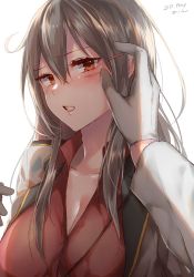Rule 34 | 10s, 1girl, blouse, blush, breasts, collarbone, gangut (kancolle), hair between eyes, hair ornament, hairclip, kantai collection, large breasts, lips, long hair, looking at viewer, parted lips, red eyes, red shirt, sakiryo kanna, scar, shiny clothes, shiny skin, shirt, sidelocks, silver hair, solo, unbuttoned