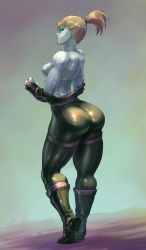 Rule 34 | 1girl, android, ass, back, bare shoulders, blonde hair, bodysuit, boots, breasts, butt crack, cutesexyrobutts, female focus, green eyes, grey background, high ponytail, highres, hip focus, huge ass, looking at viewer, looking back, parted lips, ponytail, short ponytail, sideboob, skin tight, solo, standing, thick thighs, thigh strap, thighs, wide hips
