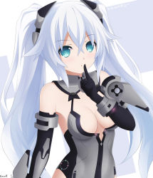 Rule 34 | 1girl, bad id, bad pixiv id, bare shoulders, black heart (neptunia), blue eyes, blush, breasts, cleavage, elbow gloves, finger to mouth, gloves, highres, keenh, long hair, looking at viewer, neptune (series), noire (neptunia), solo, symbol-shaped pupils, twintails, very long hair, white hair