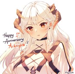 Rule 34 | 1girl, anniversary, arknights, artist name, blush, commentary, copyright name, dragon girl, dragon horns, earrings, english commentary, horns, jewelry, looking at viewer, parted lips, red eyes, rosuuri, saria (arknights), silver hair, simple background, smile, solo, upper body, v-shaped eyebrows, white background