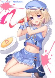 Rule 34 | 1girl, :d, azur lane, beret, blouse, blue hat, blue serafuku, blue shirt, blue shorts, blue skirt, blush, bobby socks, bottle, brown footwear, commentary request, dated, food, hat, head tilt, highres, holding, holding bottle, ketchup, ketchup bottle, light brown hair, loafers, looking at viewer, midriff, navel, neck ribbon, omelet, omurice, open mouth, plate, pleated skirt, purple eyes, ribbon, sailor collar, school uniform, serafuku, shadow, shirt, shoes, short shorts, shorts, shorts under skirt, skirt, sleeveless, sleeveless shirt, smile, socks, solo, t@ke-g, twitter username, white background, white sailor collar, white socks, wrist cuffs, yellow ribbon, z23 (azur lane), z23 (perfect smile?) (azur lane)