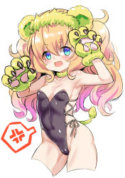 Rule 34 | 1girl, anger vein, animal ears, animal hands, areola slip, bare shoulders, black leotard, blonde hair, blue eyes, blush, breasts, collarbone, cropped legs, dress, fake animal ears, gloves, green gloves, hair between eyes, leotard, lion ears, lion girl, lion tail, long hair, open mouth, original, paw gloves, sharp teeth, short eyebrows, simple background, skindentation, small breasts, solo, spoken anger vein, strapless, strapless dress, tail, teeth, thick eyebrows, thighhighs, unname, very long hair, white background, white thighhighs