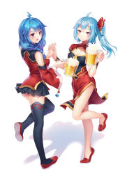 Rule 34 | 1girl, 2girls, :d, ahoge, alcohol, beer, bili girl 22, bili girl 33, bilibili, black skirt, black thighhighs, blue hair, blush, braid, breasts, carminar, cleavage cutout, clothing cutout, cup, drinking glass, facial mark, forehead mark, hair between eyes, hair over shoulder, highres, holding, holding cup, holding drinking glass, looking at viewer, medium breasts, multiple girls, official art, open mouth, purple eyes, red footwear, shadow, shoes, skirt, smile, standing, standing on one leg, thighhighs, twintails, wide sleeves
