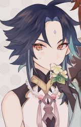 Rule 34 | 2boys, bead necklace, beads, black hair, blue hair, brown hair, facial mark, flower, forehead mark, genshin impact, gloves, grey background, highres, holding, holding flower, jewelry, male focus, multicolored hair, multiple boys, necklace, parted lips, polka dot, polka dot background, simple background, solo focus, sweat, tamamura (tmmr5), tassel, upper body, white flower, xiao (genshin impact), yellow eyes, zhongli (genshin impact)
