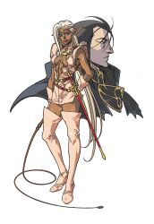 Rule 34 | 1990s (style), 1boy, 1girl, ashram (lodoss), black hair, boots, dark-skinned female, dark skin, gloves, green eyes, highres, holding, holding whip, long hair, long pointy ears, non-web source, official art, pink gloves, pirotess, pointy ears, record of lodoss war, retro artstyle, sheath, sheathed, simple background, standing, sword, thigh boots, thighhighs, very long hair, weapon, white background, white hair, yuuki nobuteru