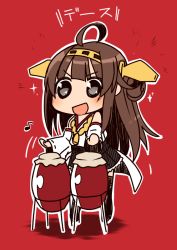 Rule 34 | 10s, 1girl, ahoge, bongo drums, boots, brown hair, detached sleeves, double bun, drum, duplicate, hair bun, hairband, headgear, hiraga matsuri, hirasato, instrument, japanese clothes, kantai collection, kongou (kancolle), long hair, musical note, nontraditional miko, open mouth, quaver, red background, simple background, skirt, solo, thigh boots, thighhighs, translated