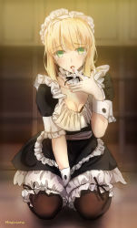 Rule 34 | 1girl, absurdres, ahoge, alternate costume, artoria pendragon (all), artoria pendragon (fate), bad id, bad pixiv id, blonde hair, breasts, cleavage, dress, fate/stay night, fate (series), frills, green eyes, highres, kneeling, licking, licking finger, magicians (zhkahogigzkh), maid, maid headdress, saber (fate), sexually suggestive, solo, suggestive fluid, thighhighs