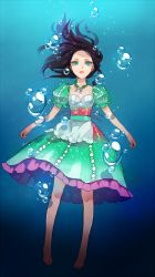 Rule 34 | 1girl, alice: madness returns, alice (alice in wonderland), american mcgee&#039;s alice, barefoot, black hair, breasts, closed mouth, dress, feet, green eyes, highres, jewelry, jupiter symbol, long hair, necklace, popompon, puffy short sleeves, puffy sleeves, short sleeves, solo