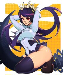 1girl arms_behind_head arms_up between_legs filia_(skullgirls) full_body highres kneeling long_hair looking_at_viewer necktie open_mouth pleated_skirt purple_hair red_eyes school_uniform skindentation skirt skullgirls solo thick_thighs thighs very_long_hair whysoblau yellow_background