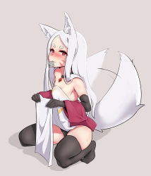 Rule 34 | 1girl, :3, absurdres, animal ear fluff, animal ears, bare shoulders, black gloves, black panties, black thighhighs, blush, choker, clothes lift, condom, condom wrapper, dress, dress lift, elbow gloves, facial mark, fangs, fox ears, fox tail, full body, gloves, highres, jewelry, lifted by self, long hair, mouth hold, panties, pendant, red eyes, sewayaki kitsune no senko-san, shiro (sewayaki kitsune no senko-san), simple background, skin fangs, smile, solo, spread legs, squatting, strapless, strapless dress, tail, tail wagging, thighhighs, underwear, white dress, white hair