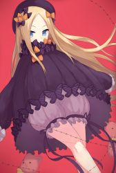 Rule 34 | 1girl, abigail williams (fate), barbed wire, black bow, black dress, black hat, blonde hair, bloomers, blue eyes, bow, bug, butterfly, commentary request, covered mouth, dress, fate/grand order, fate (series), hands in opposite sleeves, hat, highres, ichijou (kr neru0), insect, long hair, long sleeves, looking at viewer, orange bow, parted bangs, polka dot, polka dot bow, red background, solo, stuffed animal, stuffed toy, teddy bear, underwear, v-shaped eyebrows, very long hair