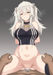 Rule 34 | absurdres, animal ears, black shirt, black thighhighs, blouse, bottomless, censored, cleavage, clenched teeth, dark-skinned male, dark skin, frown, gradient background, grey background, grey eyes, grey hair, hair between eyes, highres, hololive, lion ears, lion girl, messy hair, penis, pussy, see-through, see-through cleavage, sex, shirt, shishiro botan, shishiro botan (1st costume), skin tight, sleeveless, sleeveless shirt, tamaki (tamakikan), teeth, thighhighs, vaginal, virtual youtuber