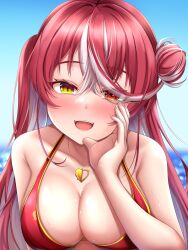 Rule 34 | 1girl, absurdres, bare shoulders, bikini, blush, breasts, cleavage, collarbone, colored inner hair, fangs, hachi7515, hair bun, halterneck, heart, heart necklace, heterochromia, highres, hololive, houshou marine, houshou marine (summer), jewelry, large breasts, long hair, multicolored hair, necklace, open mouth, outdoors, red bikini, red eyes, red hair, smile, solo, streaked hair, string bikini, swimsuit, teeth, upper body, upper teeth only, virtual youtuber, wet, yellow eyes