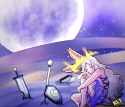 Rule 34 | 1girl, absurdres, animal ears, axe, barefoot, battle axe, blue dress, celesionnn, closed eyes, closed mouth, commentary, cross-laced clothes, cross-laced dress, crying, dress, english commentary, foot out of frame, full moon, halo, highres, hugging own legs, long hair, moon, planted, planted axe, planted shield, planted staff, planted sword, planted weapon, purple sky, rabbit and steel, rabbit ears, rabbit girl, rabbit of the moon shira, shield, sky, smile, solo, spiked halo, staff, star (sky), starry sky, sword, very long hair, weapon, white hair, yellow halo
