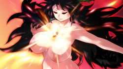 Rule 34 | 1girl, black hair, black wings, bow, breasts, closed mouth, collarbone, energy, closed eyes, floating hair, hair bow, huge breasts, long hair, navel, nipples, nude, outstretched arms, reiuji utsuho, shundou heishirou, solo, spread arms, spread fingers, spread wings, stomach, third eye, touhou, upper body, very long hair, wings