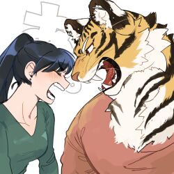 Rule 34 | 1boy, 1girl, animal ear fluff, animal ears, black hair, body fur, closed eyes, commentary request, ear piercing, fangs, green shirt, highres, looking at another, open mouth, orange fur, orange shirt, original, piercing, ponytail, rata (norahasu), red eyes, shirt, simple background, tiger boy, tiger ears, translation request, upper body, whiskers, white background