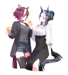 Rule 34 | 2girls, animal ears, belt, black hair, black shirt, black skirt, black thighhighs, breasts, choker, cleavage, closed mouth, cropped legs, cup, cutoffs, denim, denim shorts, drinking glass, eyepatch, garter straps, hair bun, hand up, high-waist skirt, holding, holding cup, horse ears, horse girl, horse tail, invisible chair, jacket, jewelry, long skirt, long sleeves, looking at another, medium breasts, mejiro ramonu (umamusume), multicolored hair, multiple girls, necklace, notice lines, open clothes, open jacket, open mouth, romi (346 ura), shirt, short hair, shorts, side slit, sitting, skirt, small breasts, smile, standing, streaked hair, tail, tanino gimlet (umamusume), thighhighs, umamusume, v-neck, white background, wine glass, wristband, yellow eyes