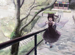 Rule 34 | 1girl, ^ ^, ascot, black hair, bow, closed eyes, detached sleeves, hair bow, hair tubes, hakurei reimu, happy, high ponytail, japanese clothes, long hair, miko, moss, open mouth, outdoors, ribbon-trimmed sleeves, ribbon trim, shrine, smile, solo, stairs, touhou, tree, wide sleeves, yuki (popopo)