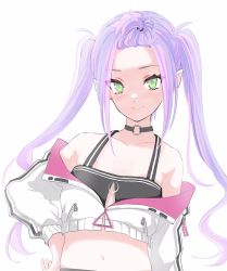 Rule 34 | 1girl, alternate hairstyle, bangs pinned back, black choker, choker, collarbone, crop top, cropped jacket, hair behind ear, hololive, jacket, kitoboshi, long hair, looking at viewer, navel, o-ring, o-ring choker, off shoulder, pointy ears, smile, solo, tokoyami towa, twintails, upper body, virtual youtuber, white background, white jacket