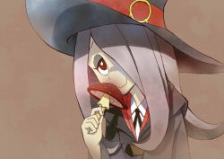 Rule 34 | 10s, 1girl, female focus, grey hair, hair over one eye, hat, little witch academia, long hair, looking at viewer, mushroom, red eyes, simple background, smelling, smile, solo, sucy manbavaran, tasuke seinyuu, wavy mouth, witch, witch hat