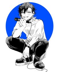 Rule 34 | 1boy, 3sususu nj, blue background, collar, earrings, greyscale, greyscale with colored background, highres, holding, holding microphone, jewelry, looking at viewer, male focus, microphone, monochrome, nijisanji, nijisanji en, pants, screentones, shirt, shoes, short hair, simple background, single earring, smile, solo, spot color, squatting, t-shirt, teeth, virtual youtuber, white background, wristband, yugo asuma