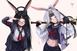 2girls :p animal_ears armband artist_logo azur_lane black_hair blue_eyes chain collar collarbone delinquent fang glasses gloves headband highres hiryuu_(after_school_bullies)_(azur_lane) hiryuu_(azur_lane) matsuro_a multiple_girls navel official_alternate_costume one_eye_closed partially_fingerless_gloves rabbit_ears school_uniform serafuku shirt skirt souryuu_(azur_lane) souryuu_(the_counselor_girl)_(azur_lane) sukeban sword tongue tongue_out weapon white_shirt wooden_sword