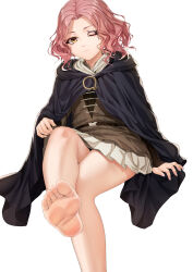 Rule 34 | 1girl, absurdres, bare legs, barefoot, black cloak, blush, brown eyes, cape, cloak, closed mouth, commentary request, crossed legs, elden ring, facial tattoo, feet, foot focus, foreshortening, highres, hood, hood down, hooded cape, hooded cloak, legs, long sleeves, looking at viewer, melina (elden ring), one eye closed, parted bangs, pink hair, pleated skirt, presenting foot, short hair, simple background, site of grace, sitting, skirt, soles, solo, tattoo, toes, wavy hair, white background, white skirt, xo (xo17800108)