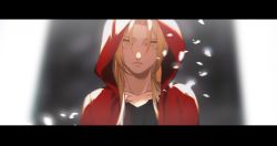 Rule 34 | 1boy, automail, black shirt, blonde hair, blurry, blurry background, cbow, coat, collarbone, edward elric, fullmetal alchemist, glowing, glowing petals, hair over eyes, highres, hood, hood up, hooded coat, letterboxed, long hair, looking at viewer, male focus, parted bangs, parted lips, petals, portrait, red coat, scar, shirt, solo, sunlight, yellow eyes