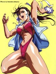 Rule 34 | 1990s (style), 1girl, :d, alternate costume, alternate hairstyle, arm up, armpits, arms up, artist name, bikini, black eyes, black hair, breasts, breasts apart, brown hair, bun cover, capcom, chun-li, cleavage, covered erect nipples, double bun, drawstring, floating hair, from below, groin, hair bun, hair down, happy, holding, hood, hoodie, jacket, large breasts, leg lift, long hair, looking at viewer, nail polish, narrow waist, navel, o-ring, o-ring bikini, o-ring top, official art, ooshima yasuhiro, open clothes, open hoodie, open mouth, pink nails, red bikini, retro artstyle, ribbon, shiny skin, sideboob, simple background, skindentation, slingshot swimsuit, smile, solo, street fighter, street fighter ii (series), swimsuit, underboob, wide hips, yellow background