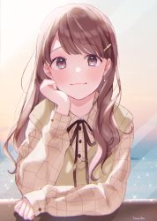 Rule 34 | 1girl, black ribbon, blue eyes, blurry, blurry background, blush, boat, brown hair, brown shirt, buttoned cuffs, buttons, closed mouth, collared shirt, earrings, hair ornament, hairclip, hanako151, hand on own face, highres, jewelry, lips, long hair, long sleeves, looking at viewer, neck ribbon, original, ribbon, shirt, sitting, smile, solo, table, water, watercraft, window