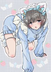 Rule 34 | 1girl, all fours, animal ears, apron, black hair, blue jacket, blush, breasts, cat ears, chigasaki yukari, cross hair ornament, fake animal ears, food, fruit, hair ornament, hairband, hairclip, highres, jacket, lolita hairband, long sleeves, looking at viewer, medium breasts, open clothes, open jacket, open mouth, original, short hair, sleeves past wrists, solo, strawberry, white apron