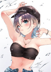 Rule 34 | 1girl, absurdres, ahoge, armpits, artist request, asakura toru, bare shoulders, baseball cap, black hat, black tube top, blue eyes, blue hair, blue nails, bracelet, breasts, brown hair, collarbone, commentary request, earrings, gradient background, gradient hair, grey background, hat, highres, idolmaster, idolmaster shiny colors, jewelry, looking at viewer, medium breasts, multicolored hair, nail polish, navel, necklace, puni (punycolors), short hair, sleeveless, solo, splashing, strapless, sweat, tube top, upper body, wet, white background