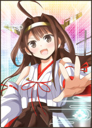 Rule 34 | 10s, :d, ahoge, brown eyes, brown hair, deego (omochi bazooka), detached sleeves, fang, hairband, kantai collection, kongou (kancolle), long hair, long sleeves, nontraditional miko, open mouth, outstretched hand, smile, solo, wide sleeves