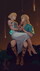 Rule 34 | 1boy, 1girl, armlet, barefoot, bracelet, braid, breasts, couple, crown braid, dress, earrings, full body, gladiator sandals, glowing skin, hair between eyes, hand on another&#039;s cheek, hand on another&#039;s face, hetero, highres, holding hands, interlocked fingers, jewelry, link, long hair, lucia hsiang, medium breasts, nintendo, parted bangs, pointy ears, princess zelda, sandals, short hair, sidelocks, signature, sitting, sitting on lap, sitting on person, strapless, strapless dress, the legend of zelda, the legend of zelda: tears of the kingdom, toeless footwear, white dress