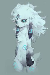 Rule 34 | 1girl, animal ears, black fur, black sclera, body fur, body markings, colored extremities, colored sclera, cropped legs, furry, furry female, green eyes, grey background, grey fur, kindred (league of legends), lamb (league of legends), league of legends, long hair, no mask, ramssa, sheep ears, simple background, solo, standing, tears, two-tone fur