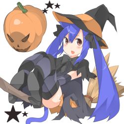 Rule 34 | 1girl, animal ears, blue hair, boots, bow, broom, cat ears, fairy tail, halloween, hat, high heel boots, high heels, mikagelove, pumpkin, ribbon, striped legwear, tail, twintails, wendy marvell, witch hat