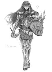 Rule 34 | 1girl, armor, breastplate, chest plate, chomoran, dungeons &amp; dragons, elf, female focus, full armor, gauntlets, greaves, greyscale, highres, long hair, monochrome, monochrome, pauldrons, pointy ears, rapier, shield, shoulder armor, sidelocks, smile, solo, sword, translation request, vambraces, weapon
