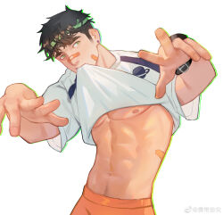 Rule 34 | 1boy, abs, absurdres, bandaid, bandaid on face, bandaid on nose, bara, clothes in mouth, cowboy shot, foreshortening, green eyes, hands up, headband, highres, long sideburns, male focus, mouth hold, navel hair, nipples, original, shirt in mouth, short hair, sideburns, solo, stomach, toned, toned male, underpec, xiedaifenshi (7329016845)