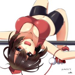 Rule 34 | 10s, 1girl, 2014, artist name, bike shorts, breasts, brown hair, cleavage, dated, high jump, large breasts, looking at viewer, miton (turuyasann), motion blur, open mouth, red eyes, shameimaru aya, short hair, simple background, solo, sports bra, touhou, white background