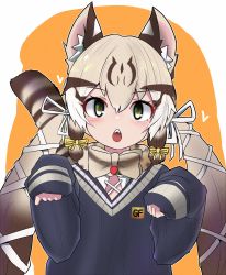 Rule 34 | 1girl, absurdres, alternate costume, animal ears, animal print, blonde hair, blue sweater, blush, bow, bowtie, brown hair, cat ears, cat girl, cat print, cat tail, fangs, geoffroy&#039;s cat (kemono friends), green eyes, hair bow, highres, kemono friends, kemono friends v project, long sleeves, looking at viewer, morrowine, multicolored hair, paw pose, print bow, print bowtie, sidelocks, sleeves past wrists, solo, sweater, tail, twintails, upper body, virtual youtuber, white bow