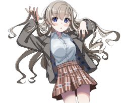 Rule 34 | 1girl, :o, arm up, bad id, bad twitter id, blazer, blue eyes, blush stickers, braid, braided bangs, breasts, brown skirt, collared shirt, commentary request, dress shirt, earrings, grey hair, grey jacket, grey shirt, hair between eyes, hand in own hair, hand up, highres, hisakawa hayate, idolmaster, idolmaster cinderella girls, idolmaster cinderella girls starlight stage, jacket, jewelry, long hair, open clothes, open jacket, parted lips, plaid, plaid skirt, pleated skirt, school uniform, shirt, shiwa (siwaa0419), simple background, skirt, small breasts, solo, very long hair, white background